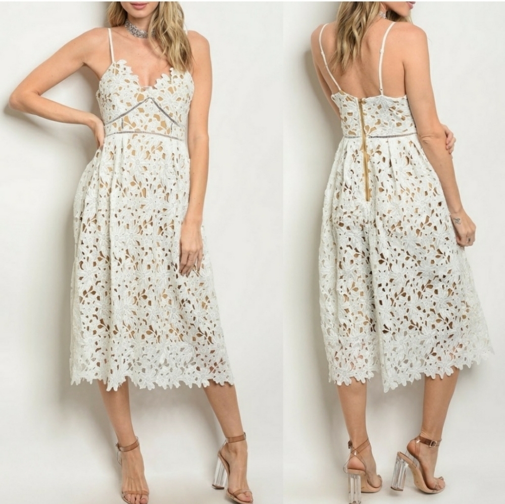 Sans Souci Elegant Floral Lace Midi Dress Cream Size M Sleeveless